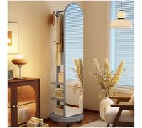 Full Body Mirror and Coat Rack 360° Rotating Full Length Mirror with Wheels Wooden Floor Mirror Standing Mirror for Bedroom Living Room