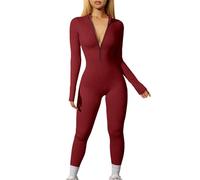 Full Body Suit Women's Sexy Sports Suit Long Sleeve Jumpsuit Tight Long with Zip Bodysuit Shape Overall Stretch Onesie Ribbed Tracksuit Sporty Knitted Suit Streetwear Sweatshirt Leggings 2 in 1, red,