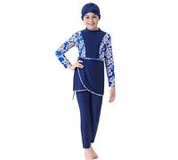 Full Body Swimsuit for Girls, Surfing Swimsuits for Girls Muslim Rashguard Set Beachwear for Kids Flower Islamic Swimwear Full Cover Hijab Top Pants Swim Bathing Suit Summer Wetsuit Blue 7-8 Years