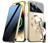 [Full Camera Protection& Mechanical Lock]Magnetic Privacy Case for iPhone 15 Pro Max[Compatible with MagSafe][CD Metal Ring] Full Body Shockproof Metal Bumper, 9H Anti Peeping Glass Cover-Gold