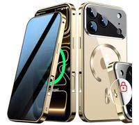 [Full Camera Protection& Mechanical Lock]Magnetic Privacy Case for iPhone 17 Pro Max[Compatible with MagSafe] [CD Metal Ring]Full Body Shockproof Metal Bumper, 9H Anti Peeping Glass Cover-Gold