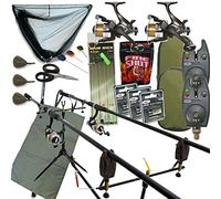 Full Carp fishing Set Up Complete With 2x Rods Reels Alarms Landing Net & Tackle