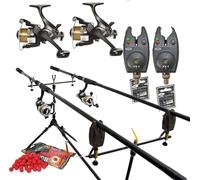 Full Carp Fishing Set Up Rods Reels Bite Alarms Rodpod PLUS 4 PACKS OF BOILIES