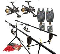Full Carp Fishing Set Up Rods Reels Bite Alarms Rodpod PLUS 4 PACKS OF BOILIES