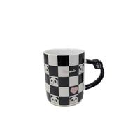 Full Checkered Kawaii Ceramic Panda Mug with Lid and Spoon, 12oz, Adorable Design, Perfect for Tea, Coffee, Hot Chocolate
