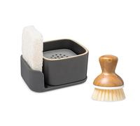 Full Circle Bubble Up Combo - Elegant Gray Ceramic Soap Dish with Eco Sponge & Bamboo-Handled Dish Brush - Versatile Natural Kitchen Cleaning Set Tool for Pots, Pans, Counter & Sink, Gray