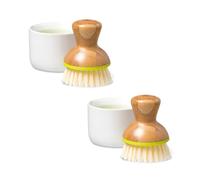 Full Circle Bubble Up- Eco-Friendly Bamboo Dish Brush & Ceramic Soap Dispenser - Natural Scrub Set for Dishes, Cast Iron - Kitchen Cleaning with Handle, White - 2 Pack