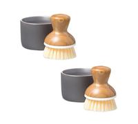 Full Circle Bubble Up- Eco-Friendly Bamboo Dish Brush & Ceramic Soap Dispenser - Natural Scrub Set for Dishes, Cast Iron - Kitchen Cleaning with Handle, Gray - 2 Pack