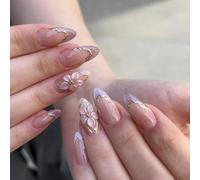 Full Cover Almond Press on Manicure Set with Nude Gloss, Lavender Glitter Edges, Gold Line Detail and Floral Accent Almond False Tips Nude Manicure Lavender Glitter Edges Gold Line Accent Floral Press