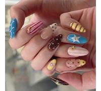 Full Cover Almond Tips with Multicolor Glossy Pattern Mix, Press on False Tip Set with Visible Size Variety, Spares, Case, and Daily Wear Appeal Multicolor False Tips Glossy Almond Full Cover Manicure