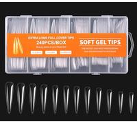 Full Coverage Nail Tips - Tapered Square Nail Tips 240PCS Xxl Nail Tips Acrylic Nail Fake Nail Tips Boxed 12 Sizes Suitable for Nail Salon and DIY Nail Art (Extra Long Pointed Nail, One size)
