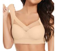 Full Coverage Wireless Workout Bra for Women, Soft Fabric Wide Straps Bras for Yoga Gym Sessions and Everyday Wear, Plus Sizes Beige