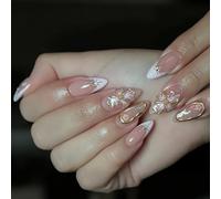 Full Covers Almond False Nails with French Tips and Floral Designs Artificial Stick on for Stylish Manicure 24Pcs Press on