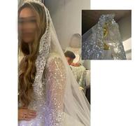 Full crystal pearl lace veil bridal cathedral luxury wedding accessories white veil With metal hair comb-ivory-350cm