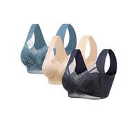 Full Cup Bras for Women Underwired Seamless Padded Mesh Bralettes Wireless High Impact Sports Bras for Large Breasts Full Coverage Posture Corrector Bra Blue+Beige+Dark Blue Womens Push up Bra L