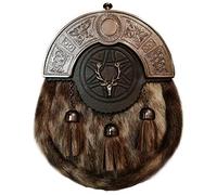 FULL DRESS KILT SPORRAN BADGE STYLE, GOLDEN/BROWN FUR, 3 TASSLES, CHROME CELTIC CANTLE WITH STAG'S HEAD BADGE, FOR MEN 021