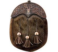 Full Dress Kilt Sporran Brown Faux Fur Stag Head Celtic Design Cantle Chocolate Bronze Finish Scottish Made with Sporran Chain Lrg 34" - 46" Scottish Celtic Wallet Pouch Kilt Accessories for Men