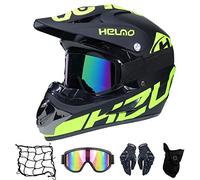 Full Face MTB Helmet with Goggles Gloves Mask Helmet Net, Black/Green, Adult Motorcycle Motocross Helmet Set Motorbike Off Road Crash Helmet Protective Gear,M