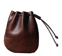 Full Grain Cow Leather Coin Purse, Drawstring Cow Leather Wallet in Vintage Chocolate, Smooth Texture, Compact 4.7 x 4.7 in Size