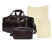 Full Grain Leather Travel Bag with Matching Toiletry 2-Pc Set Carry On 22x11x12 in with Trolley Straps, Shoulder Strap and Laundry Bag by De Lira