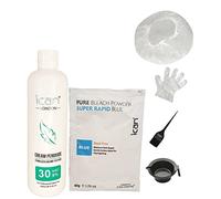 Full hair bleaching kit cream peroxide 30 vol 250ml + blue powder bleach 80g +bowl+brush+gloves+cap