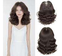 Full Head Wear 13x12cm Nature Wavy Hair Topper 45cm Clip in Synthetic Head Top Replacement Hairpiece Mono Base Thick Fluffy Seamless Wig for Women With Thin Hair (Middle Part Fringe Brown)