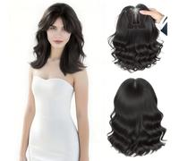 Full Head Wear 13x12cm Nature Wavy Hair Topper 45cm Clip in Synthetic Head Top Replacement Hairpiece Mono Base Thick Fluffy Seamless Wig for Women With Thin Hair (Middle Part Fringe Black)