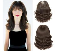 Full Head Wear 13x12cm Nature Wavy Hair Topper 45cm Clip in Synthetic Head Top Replacement Hairpiece Mono Base Thick Fluffy Seamless Wig for Women With Thin Hair (Wispy Bangs Brown)