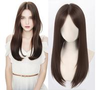 Full Head Wear Hair Topper Synthetic Volumizing 15x16cm Clip in One Piece Layered Wig Straight Mono Base Head Top Replacement (55cm Wispy Bangs Brown)