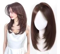 Full Head Wear Hair Topper Synthetic Volumizing 15x16cm Clip in One Piece Layered Wig Straight Mono Base Head Top Replacement (40cm Middle Part Fringe Brown)