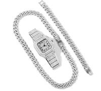 Full Ice Watch Men's Cuba Link Chain Bracelet Necklace Gold Sparkling Men's Big Gold Chain Watch Set