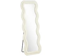 Full Length Mirror, 160 x 60 cm Wavy Full Body Wall Standing Mirror with Velvet Frame and Tempered Glass, Cream White