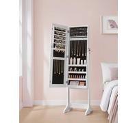 Full-Length Mirror Jewellery Cabinet, Standing Armoire With Lockable Storage, White Surface And Black Lining