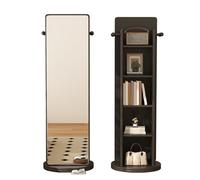 Full Length Mirror with 5 Tier Storage Rack and 4 Hooks, 360° Rotating Wooden Floor Mirrors, Standing Bookcase and Full Body Mirror for Bedroom Living Room