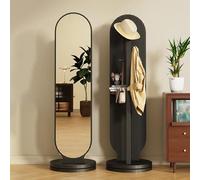 Full Length Mirror with Clothes Rack, 360° Rotatable Floor Standing Design with 3 Hooks & Storage Shelf for Bedroom, Entryway & Closet Organization