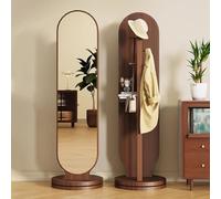 Full Length Mirror with Clothes Rack, 360° Rotatable Floor Standing Design with 3 Hooks & Storage Shelf for Bedroom, Entryway & Closet Organization