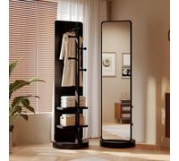 Full-Length Mirror with Coat Rack - 360° Rotatable Standing Body Mirror with Base, Shelves, and Hooks for Bedroom, Living Room, Hallway, Entryway