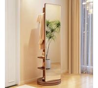 Full Length Mirror with Coat Rack - 360° Rotating Solid Wood Freestanding Dressing Mirror with Hanging Hooks for Living Room Bedroom