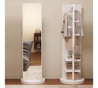 Full Length Mirror with Coat Rack 360° Rotating Solid Wood Large Full Body Dressing Mirror,for Living Room Bedroom And Apartment,with Hanging Hooks 2-in-1 Freestanding Floor Mirror Clothes Hanger