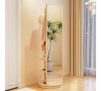 Full Length Mirror with Coat Rack, 360° Rotating Solid Wood Large Full Body Dressing Mirror with Hanging Hooks, 2-in-1 Freestanding Floor Mirror Clothes Hanger for Living Room, Bedroom (Wood color)