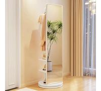 Full Length Mirror with Coat Rack, 360° Rotating Solid Wood Large Full Body Dressing Mirror with Hanging Hooks, 2-in-1 Freestanding Floor Mirror Clothes Hanger for Living Room, Bedroom (White)