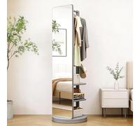 Full Length Mirror with Coat Rack, 360° Rotating Solid Wood Large Full Body Dressing Mirror with Hanging Hooks, 2-in-1 Freestanding Floor Mirror Clothes Hanger for Living Room, Bedroom, Space-Saving