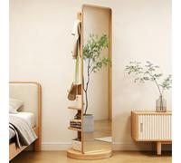 Full Length Mirror with Coat Rack, 360° Rotating Solid Wood Large Full Body Dressing Mirror with Hanging Hooks, 2-in-1 Freestanding Floor Mirror Clothes Hanger for Living Room, Bedroom, Space-Saving