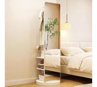 Full Length Mirror with Coat Rack, 360° Rotating Solid Wood Large Full Body Dressing Mirror with Hanging Hooks, 2-in-1 Freestanding Floor Mirror Clothes Hanger for Living Room, Bedroom, Space-Saving