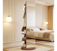 Full Length Mirror with Coat Rack, 360° Rotating Solid Wood Large Full Body Dressing Mirror with Hanging Hooks, 2-in-1 Freestanding Floor Mirror Clothes Hanger for Living Room, Bedroom, Space-Saving