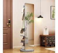 Full Length Mirror with Coat Rack & Hooks, 360° Rotating Solid Wood Freestanding Dressing Mirror with Shelves for Bedroom, Living Room, Cloakroom Storage Solution