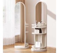 Full Length Mirror with Stand, Three-in-One Wood Floor Mirror and Makeup Mirror & Dressing Table, 360° Rotating Wood Long Mirrors For Bedroom (White, 46×46×165cm(18.11×18.11×64.96in))