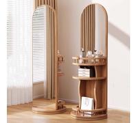Full Length Mirror with Stand, Wood Floor Mirror and Makeup Mirror & Dressing Table, 360° Rotating Wood Long Mirrors For Bedroom, Living Room, Entryway