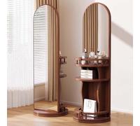 Full Length Mirror with Stand, Wood Floor Mirror and Makeup Mirror & Dressing Table, 360° Rotating Wood Long Mirrors For Bedroom, Living Room, Entryway