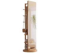Full Length Mirror with Storage and Coat Rack, 360° Swivel Free Standing Design, Features 6 Hooks for Bedroom, Living Room, and Cloakroom Organization